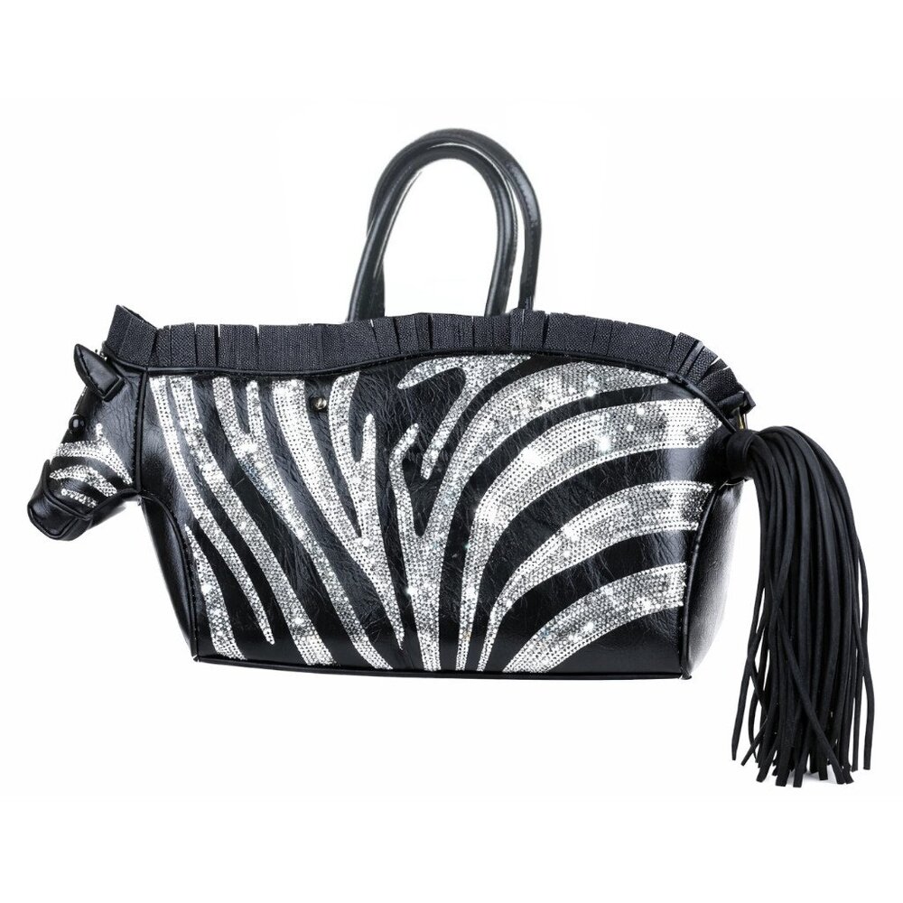 Black Zebra-Print Fringe Tote Bag with Removable Strap - Picture 5 of 7